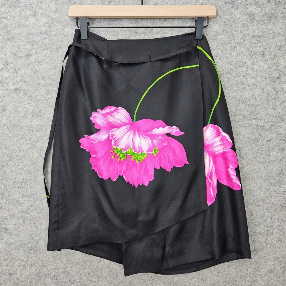 Finity Studio Mini Wrap Skirt Women's Size 8 Black Pink Floral Silk Asymmetrical